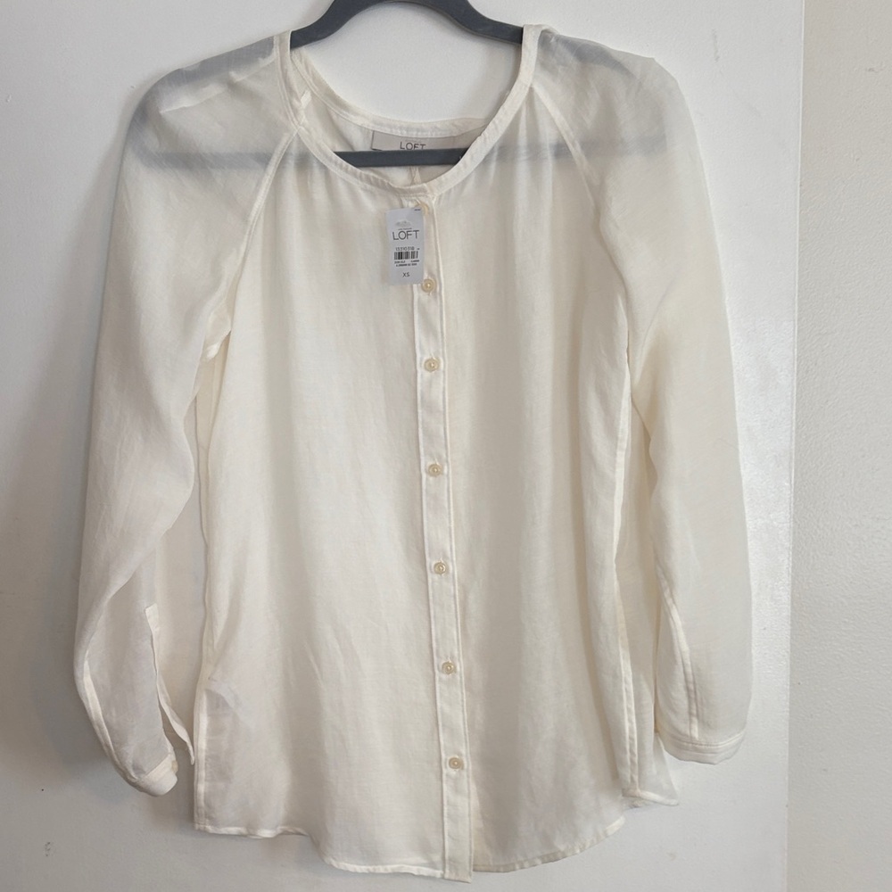 NWT LOFT Women's Ivory Sheer Button-Down Shirt. Size XS